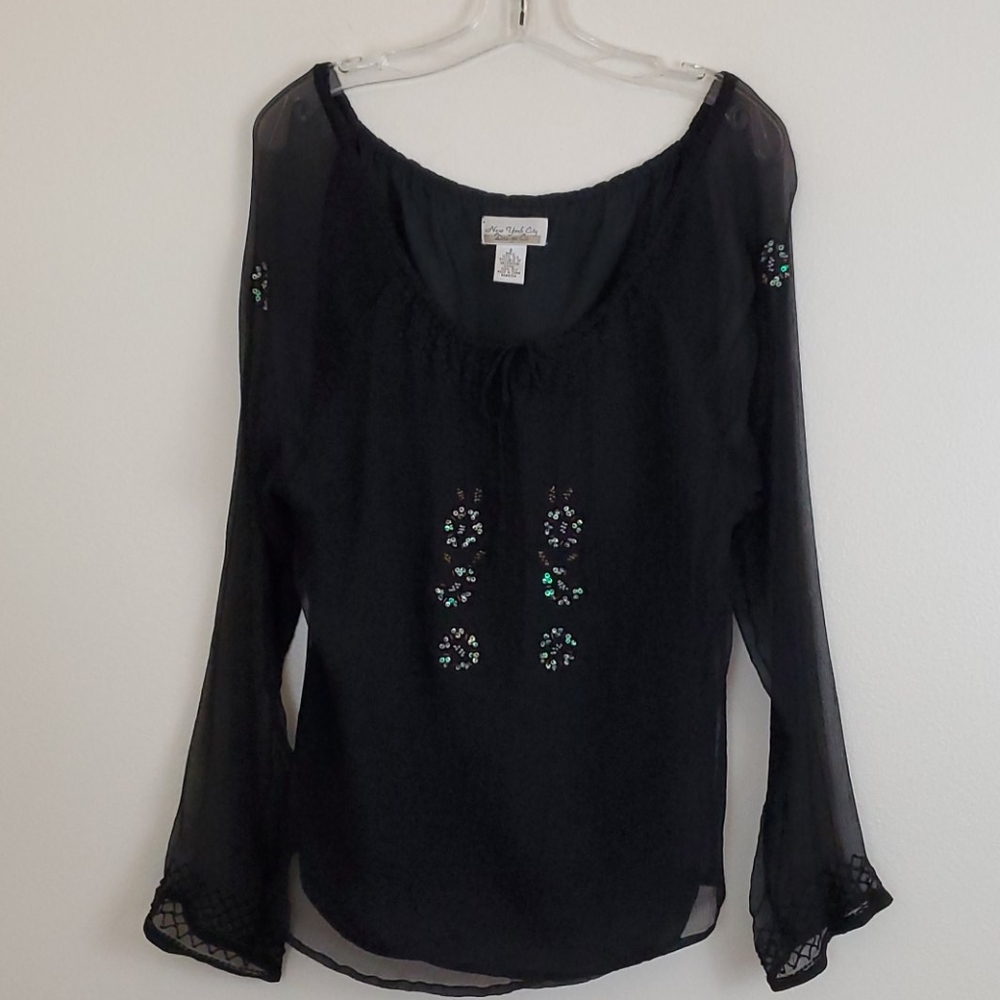 Black Silk Embroidered & Sequin Top By New York City Design Co. S